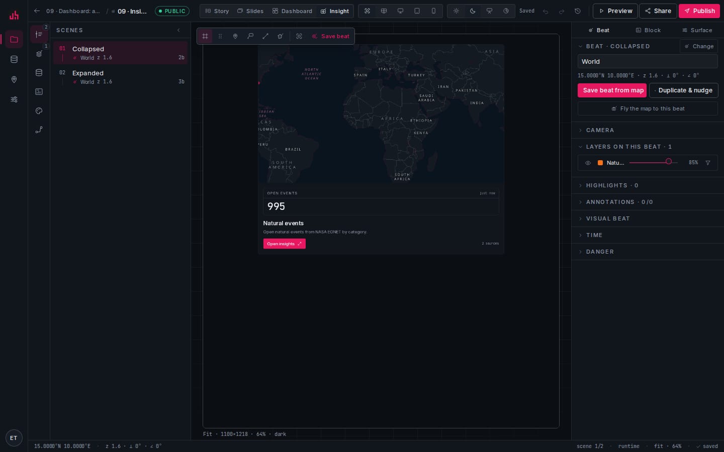 Spatly Studio in insight mode: collapsed card and expanded layout bound to the same beat