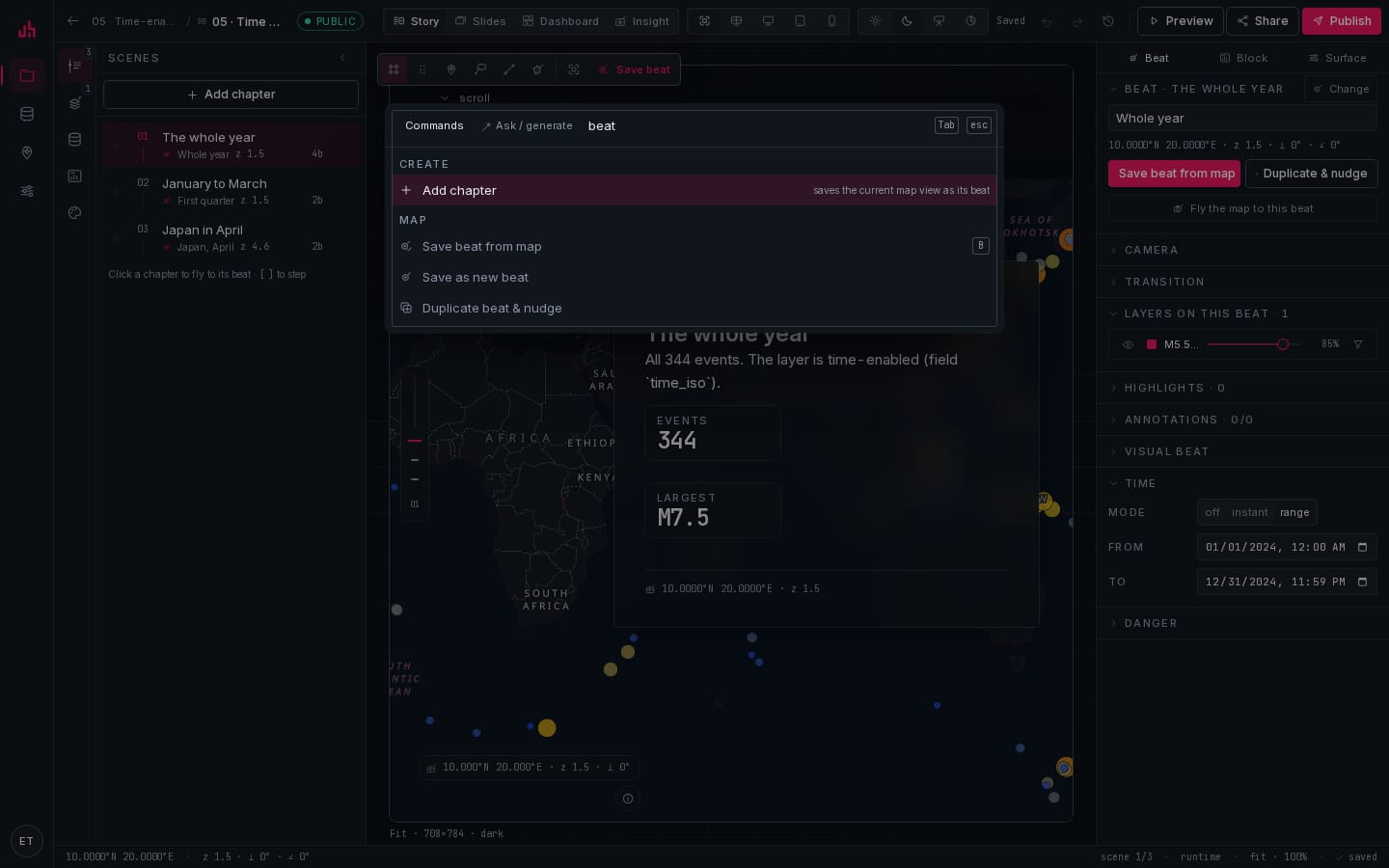 Command palette (⌘K) over the Studio: search commands, blocks, layers and beats