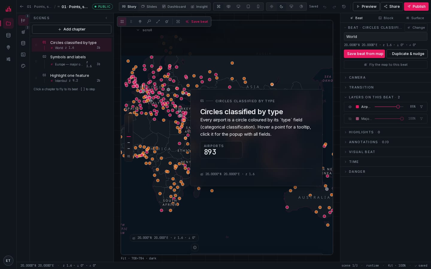 Spatly Studio in story mode: scenes rail, live viewer canvas with the map, beat inspector