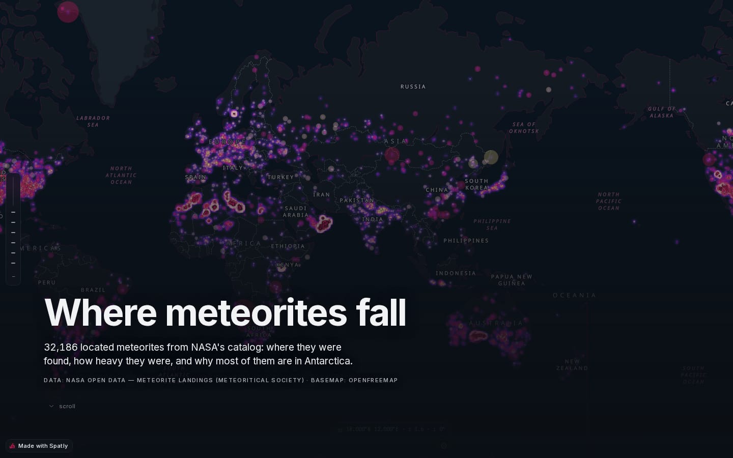 Where meteorites fall: scroll story cover with a heatmap of 32,186 meteorite finds